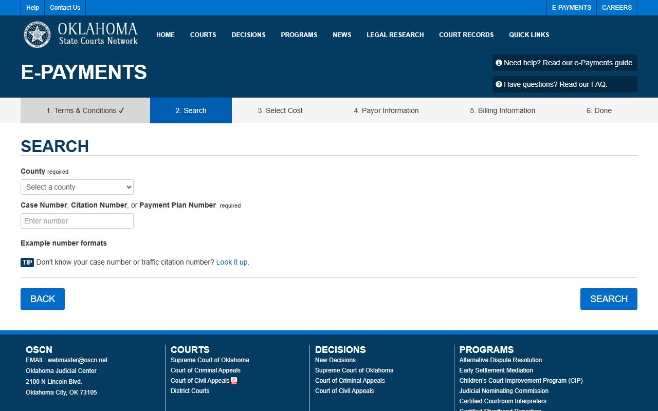 Coal County court docket online payment search on OSCN e-Payments