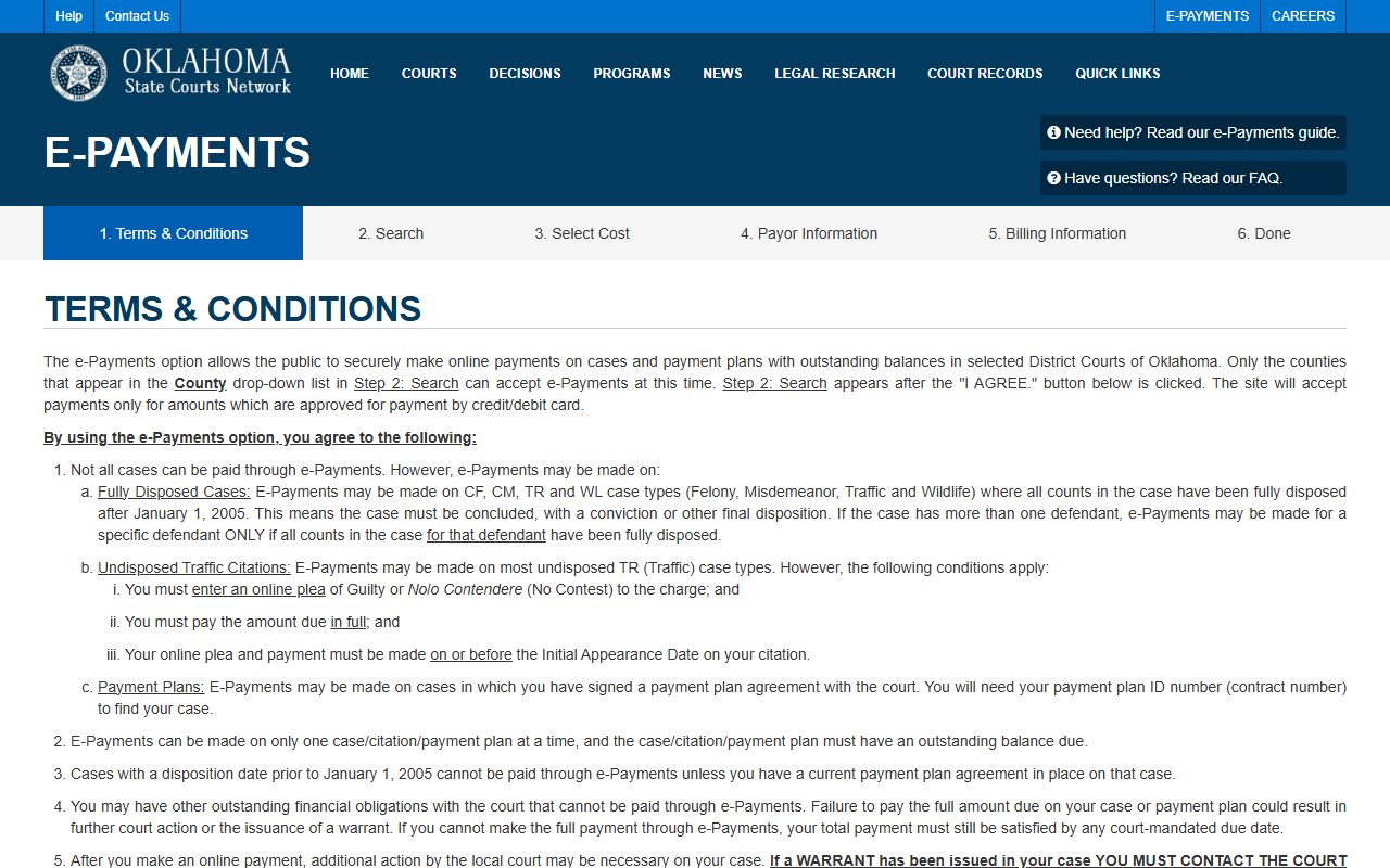 Coal County court docket payment terms on OSCN e-Payments