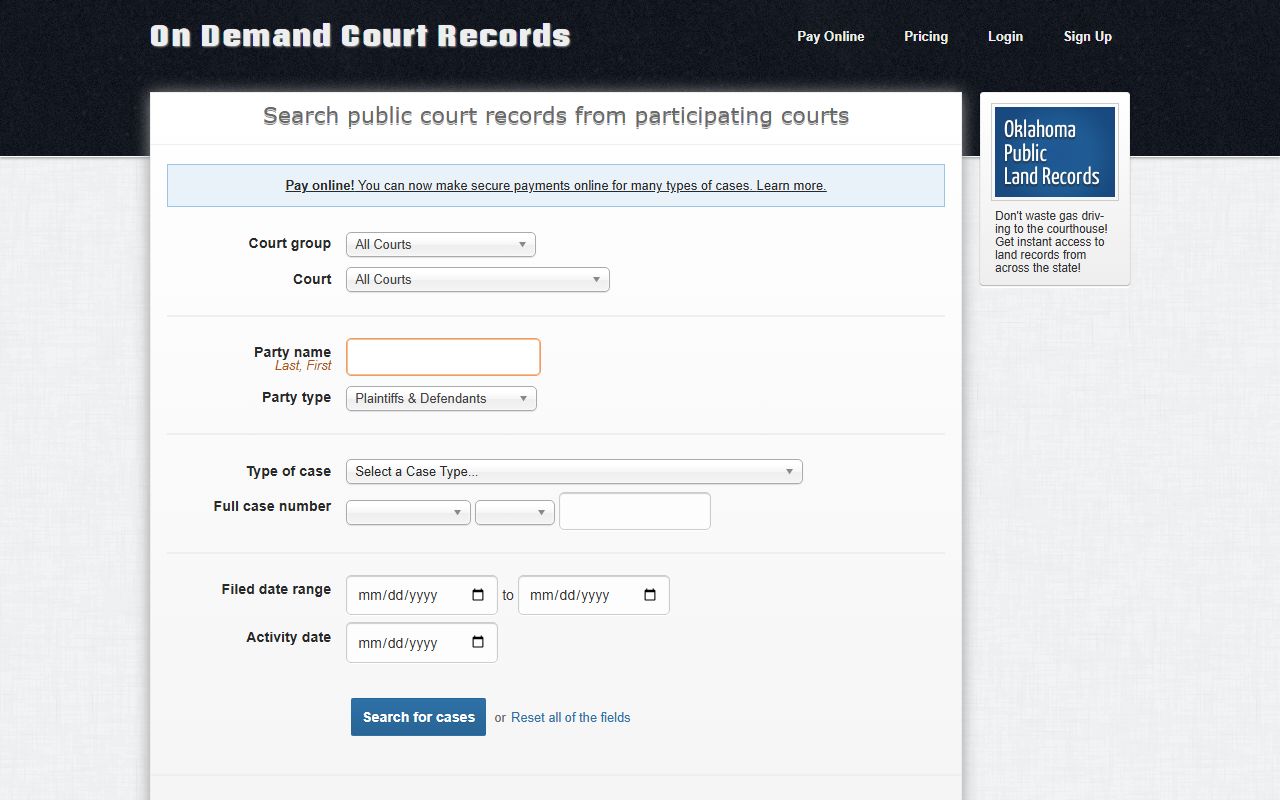 Coal County court records search on the ODCR public portal