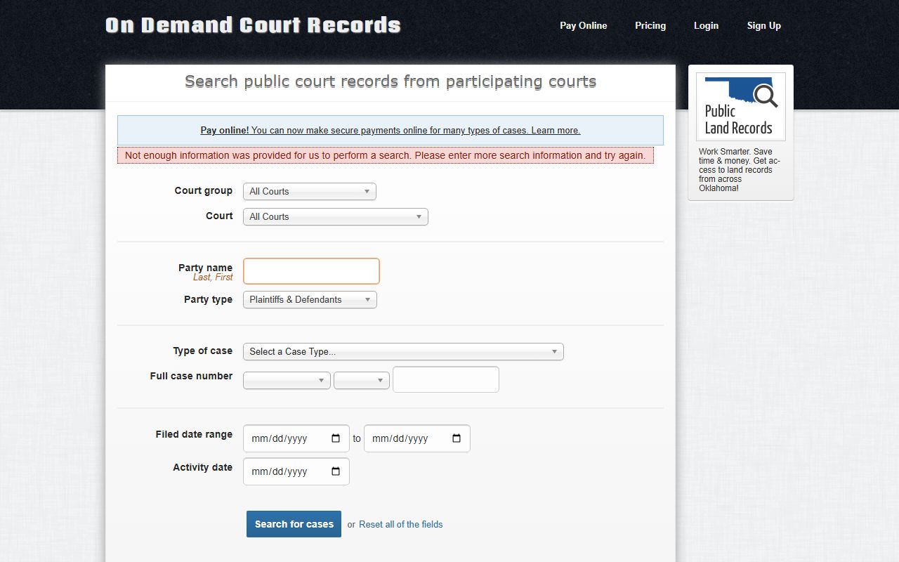 Coal County court records case types on the ODCR search form