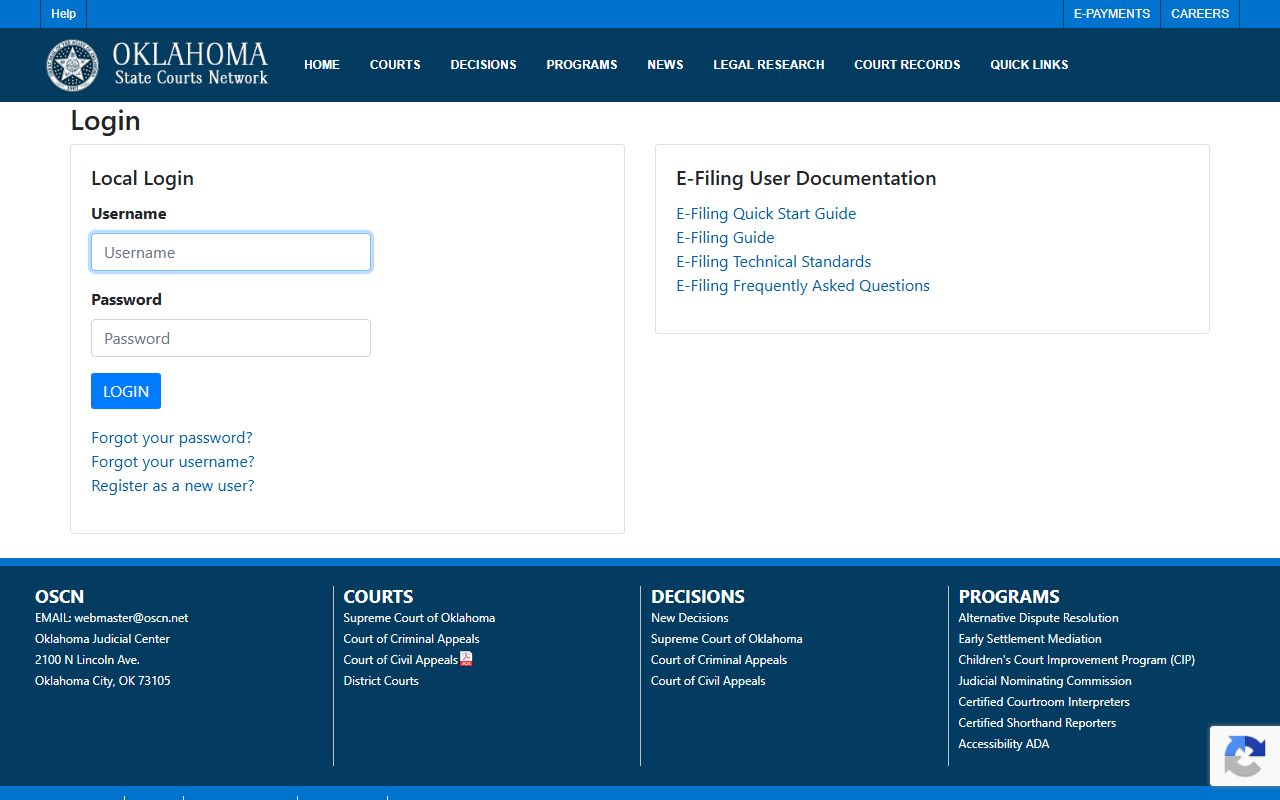 Coal County court records public access notice on the Oklahoma e-filing portal