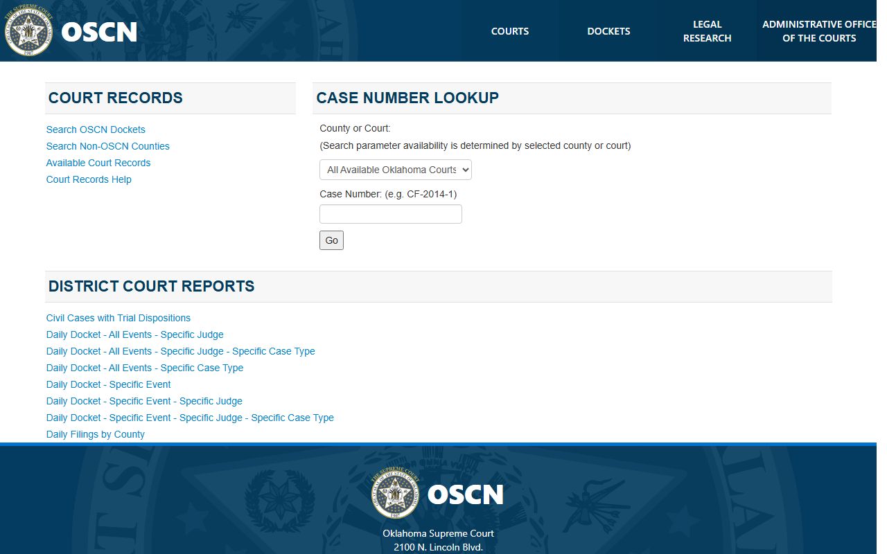 Coal County court records landing page on OSCN