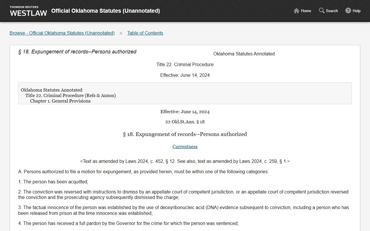 Coal County criminal court records Oklahoma expungement statute reference