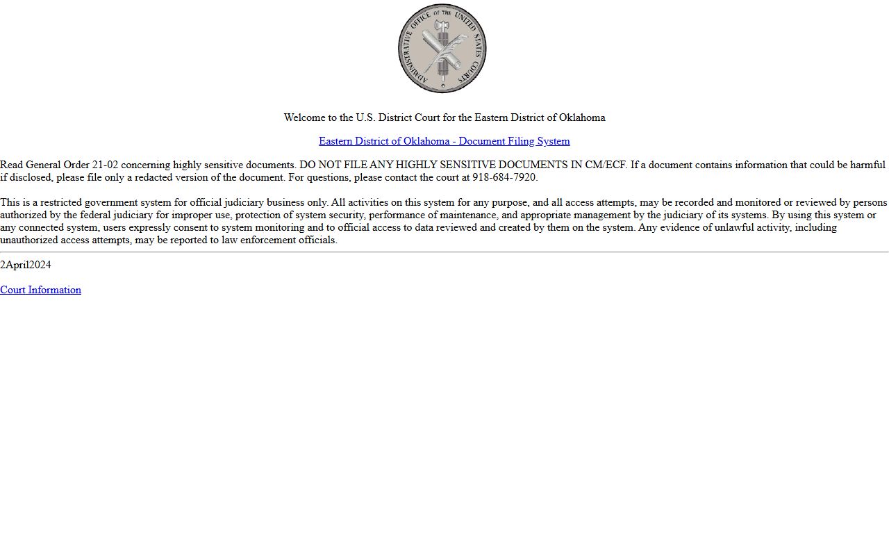 Coal County District Court federal CM/ECF electronic filing for the Eastern District of Oklahoma