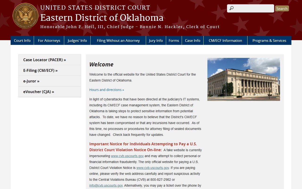Coal County District Court federal access on the Eastern District of Oklahoma home page