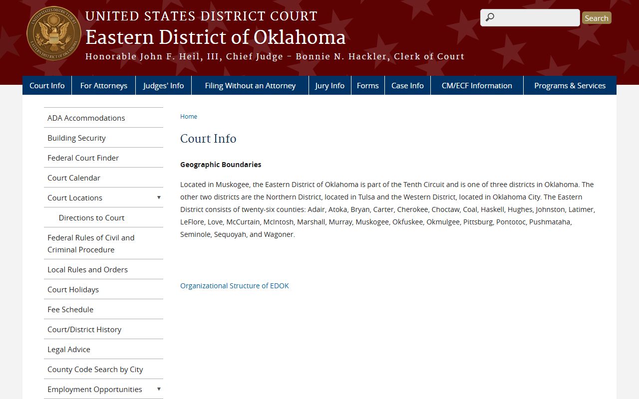 Coal County District Court federal court information for the Eastern District of Oklahoma