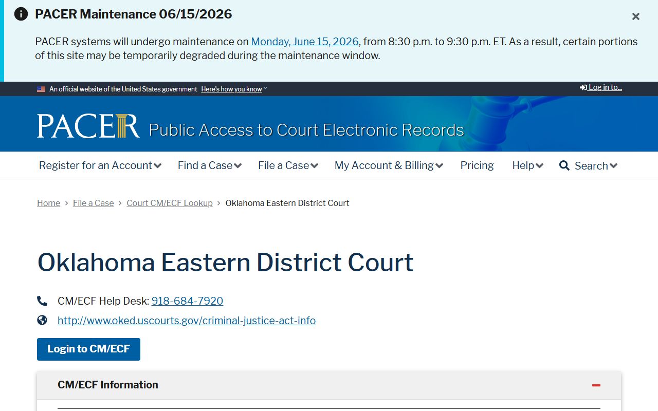 Coal County District Court federal PACER lookup for the Eastern District of Oklahoma