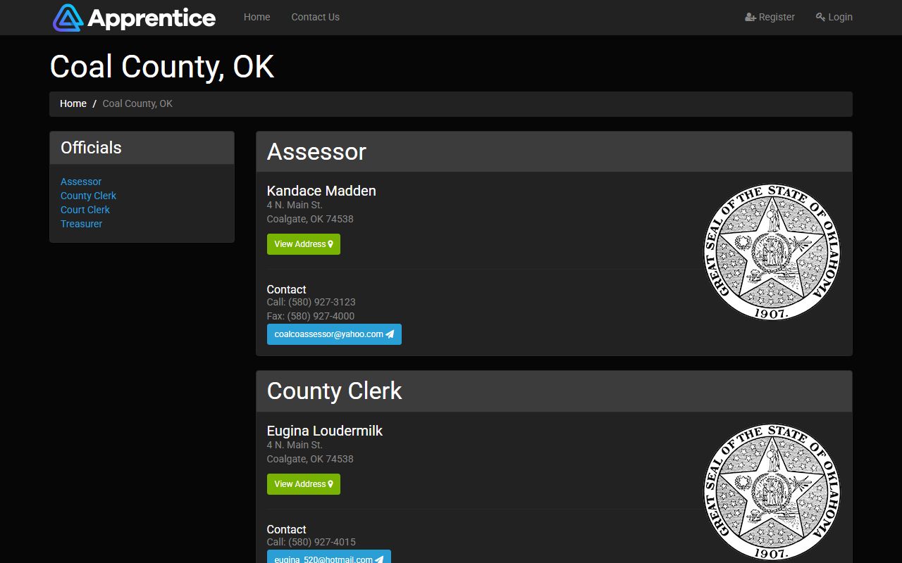 Coal County officials directory on a mobile county service page
