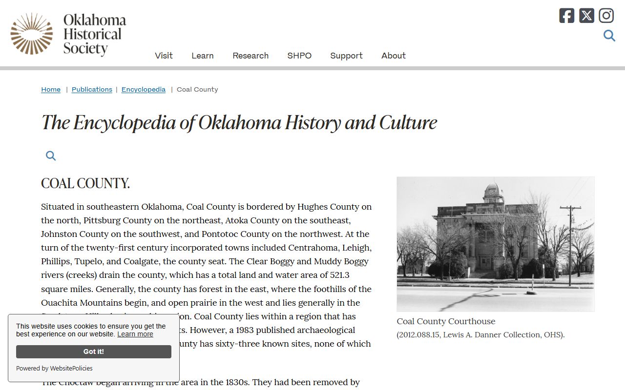 Oklahoma Historical Society encyclopedia entry for Coal County records