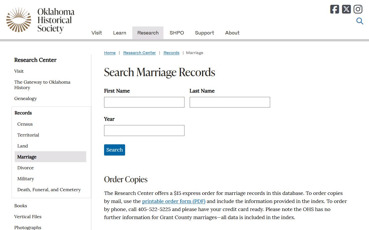 Coal County marriage records search on the Oklahoma Historical Society marriage index