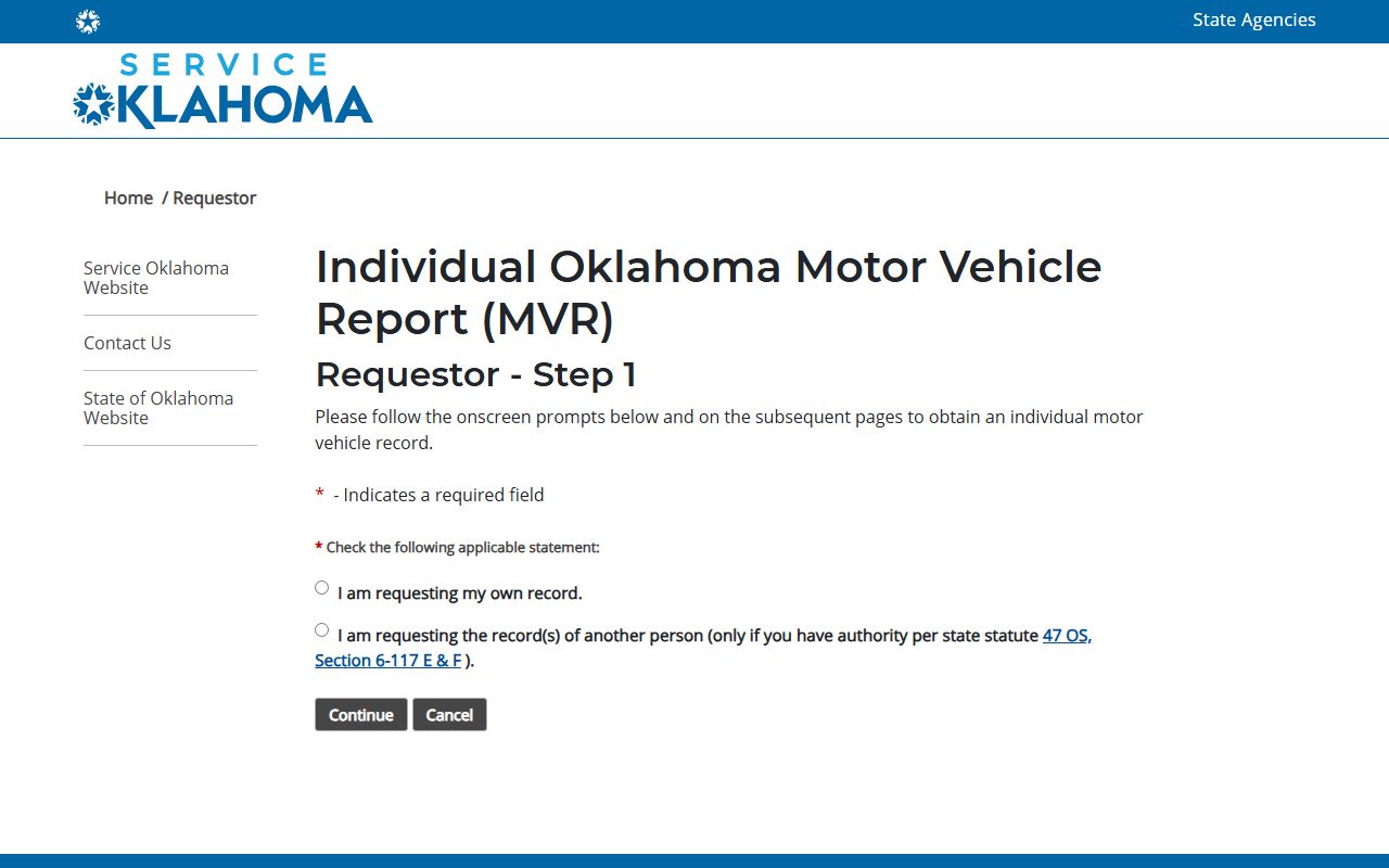 Service Oklahoma individual motor vehicle record request start for Coal County drivers