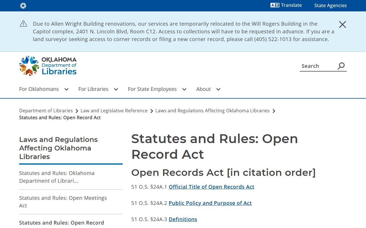 Oklahoma Open Records Act page governing Coal County warrant record access