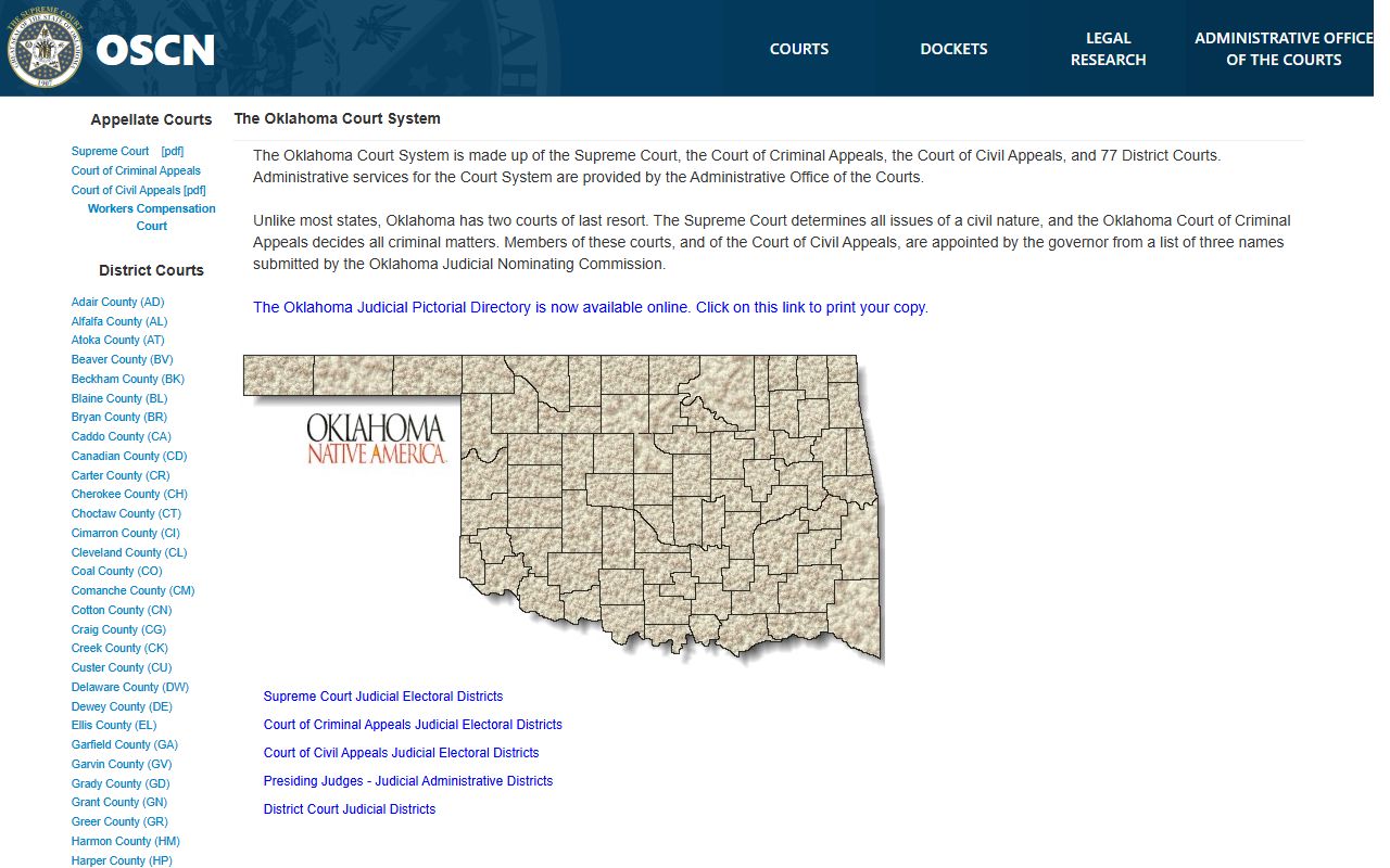 Oklahoma State Courts Network page used for a Coal County warrant search